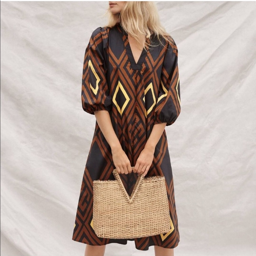 Anthropologie Brown and Gold Geometric Dress